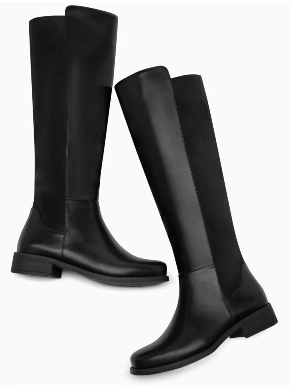 Women Black Pu Suede Chunky Block Low Heel Round Toe Side Zipper Knee High Boots
